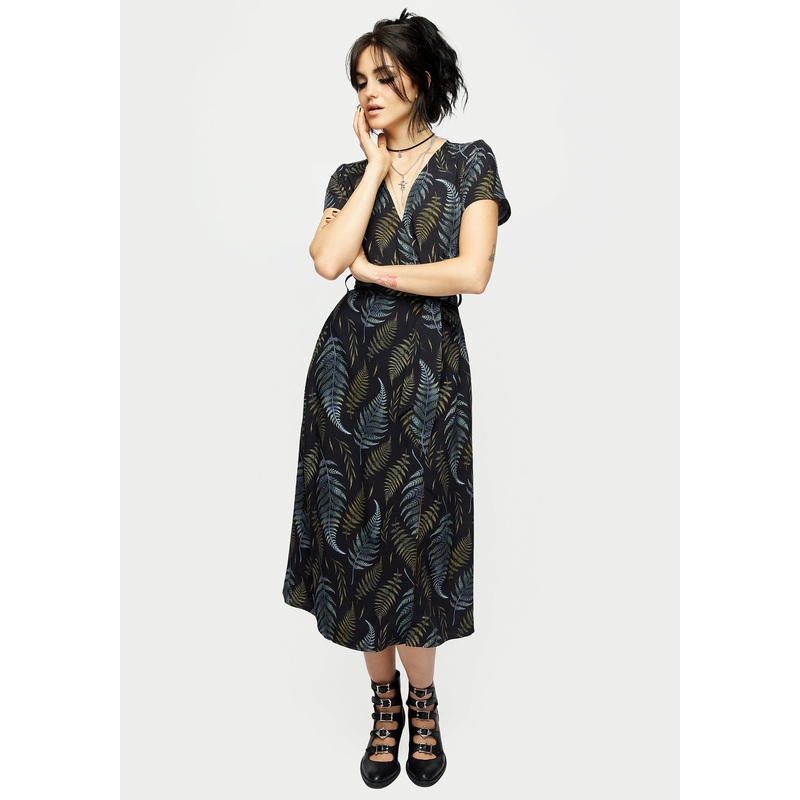 Frond Print Faux Wrap Midi Dress