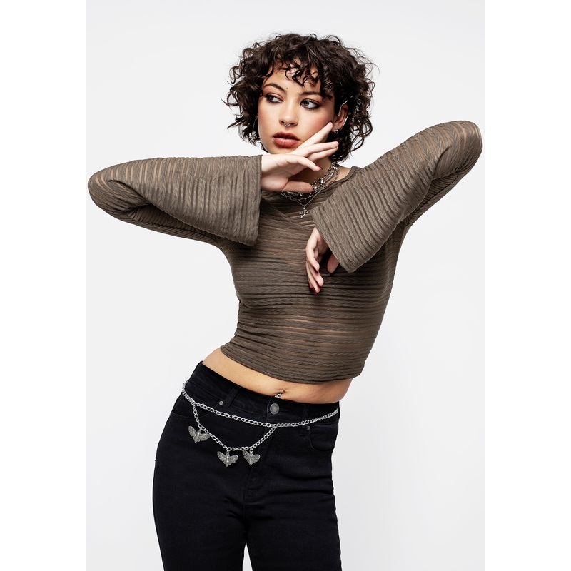 Habundia Flared Sleeve Crop Top – Moss Stone