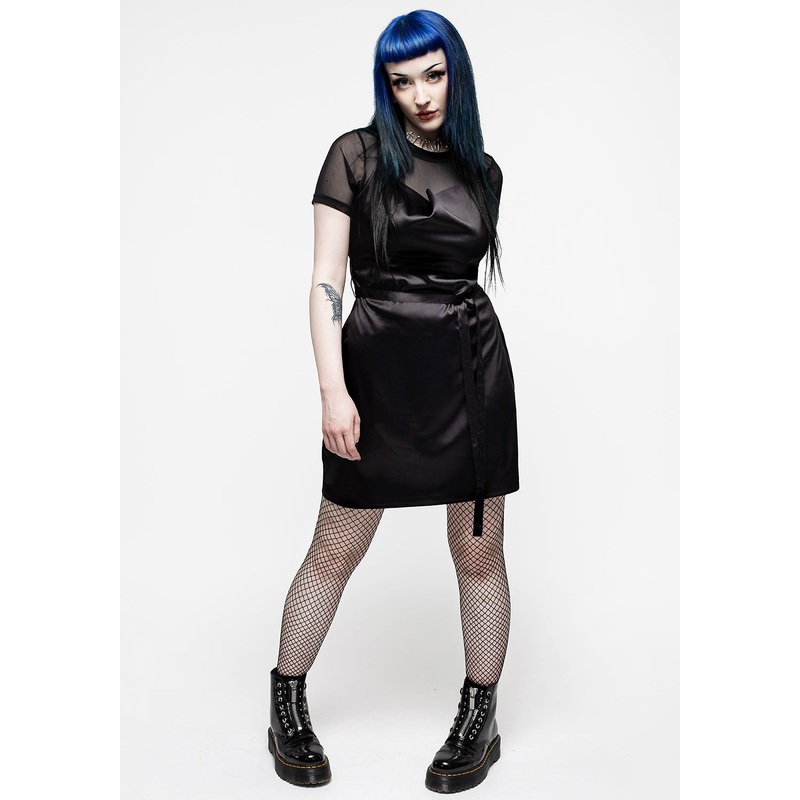 Medeina Cowl Neck Belted Satin Mini Dress – Midnight Black