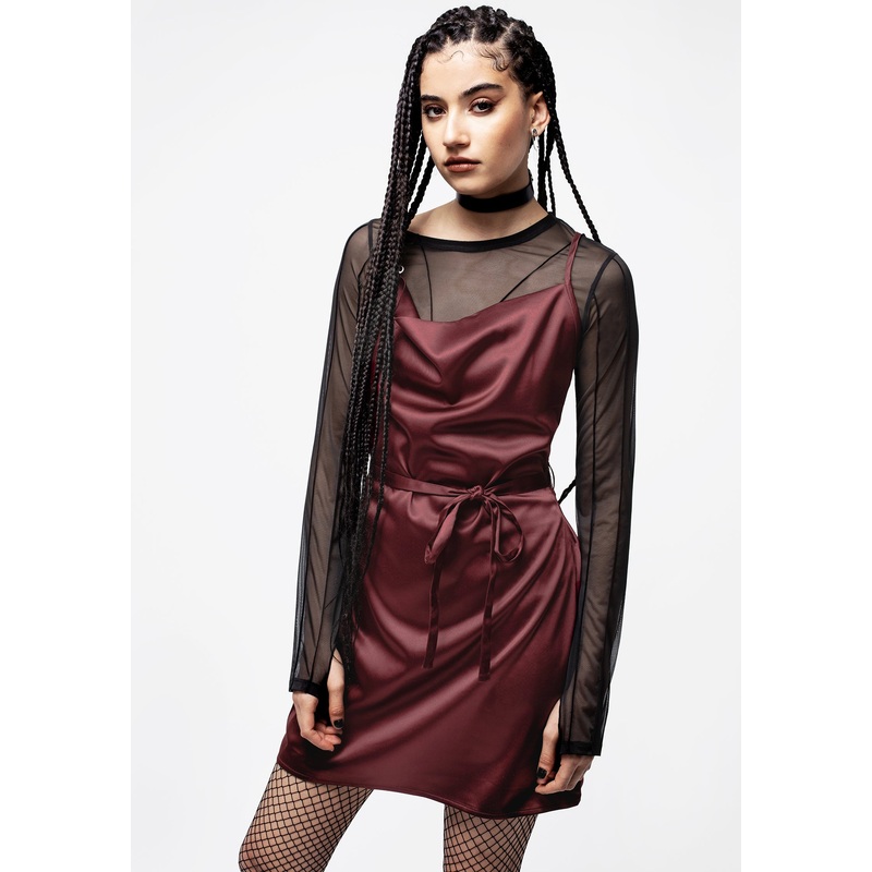 Medeina Cowl Neck Belted Satin Mini Dress – Red