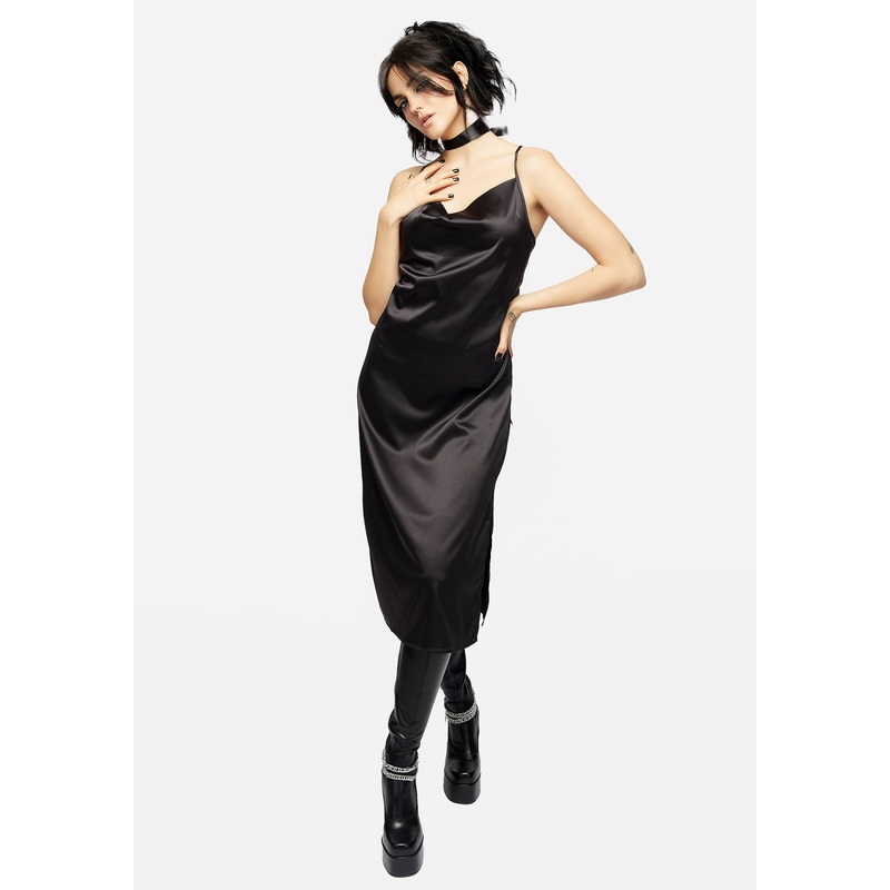 Medeina Cowl Neck Satin Midi Slip Dress – Midnight Black