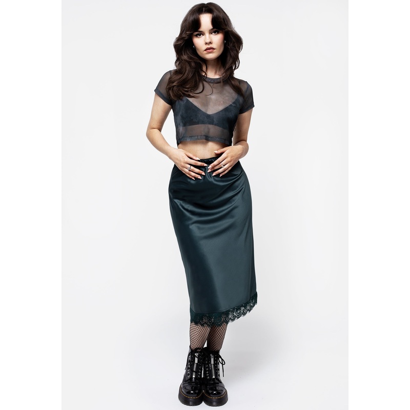 Medeina Lace Trim Satin Midi Skirt – Green