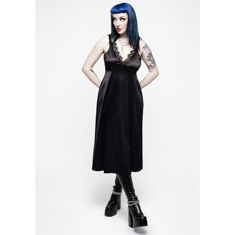 Medeina Lace Trim Satin Midi Slip Dress – Midnight Black