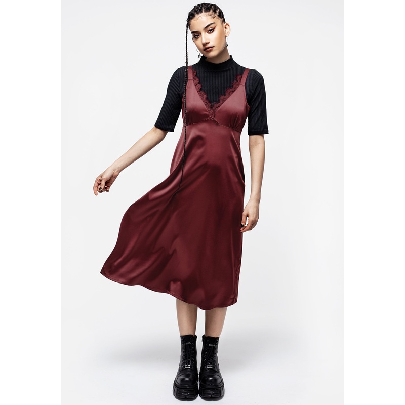 Medeina Lace Trim Satin Midi Slip Dress – Red