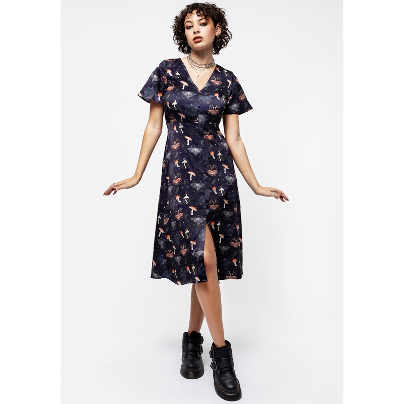 Medeina Print Button Front Satin Midi Dress