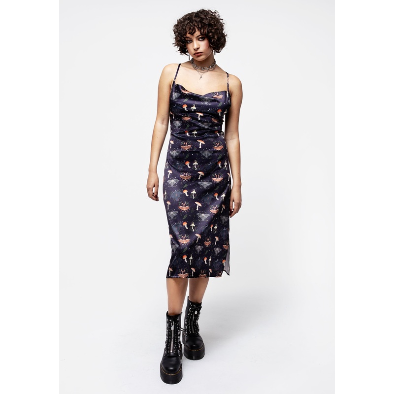 Medeina Print Cowl Neck Satin Midi Slip Dress