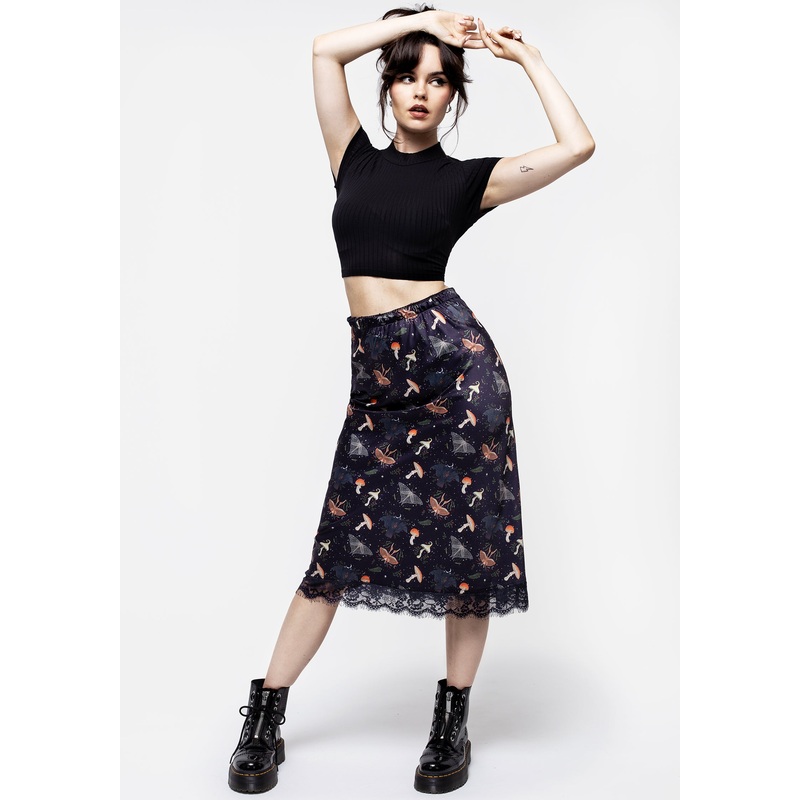 Medeina Print Lace Trim Satin Midi Skirt