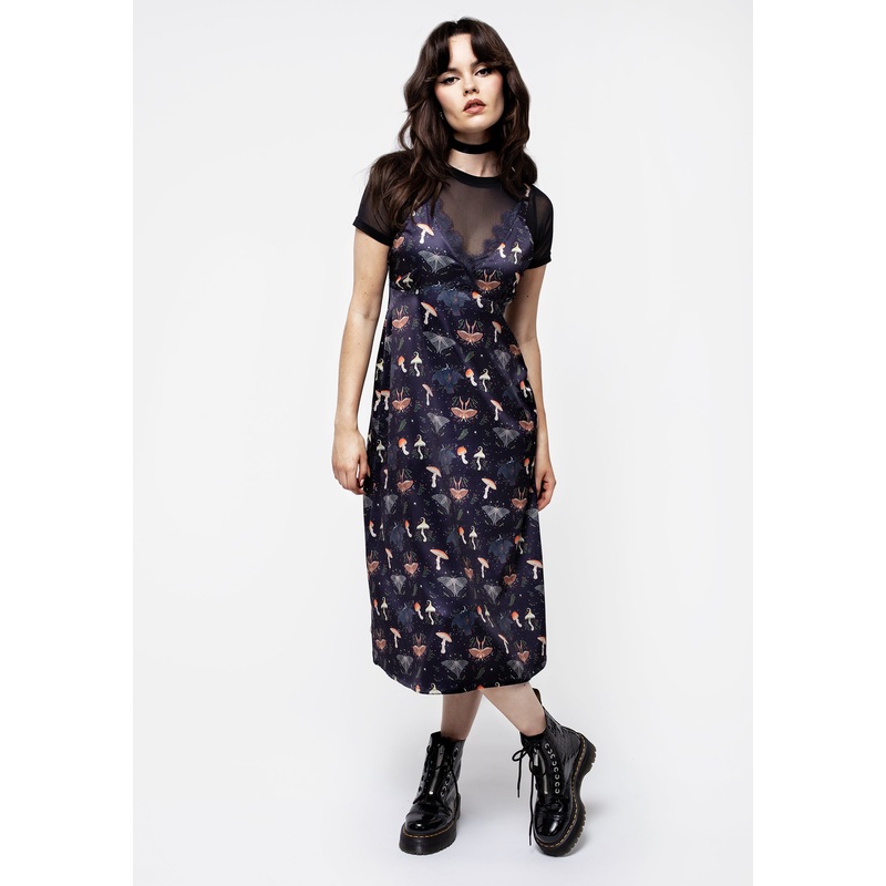 Medeina Print Lace Trim Satin Midi Slip Dress
