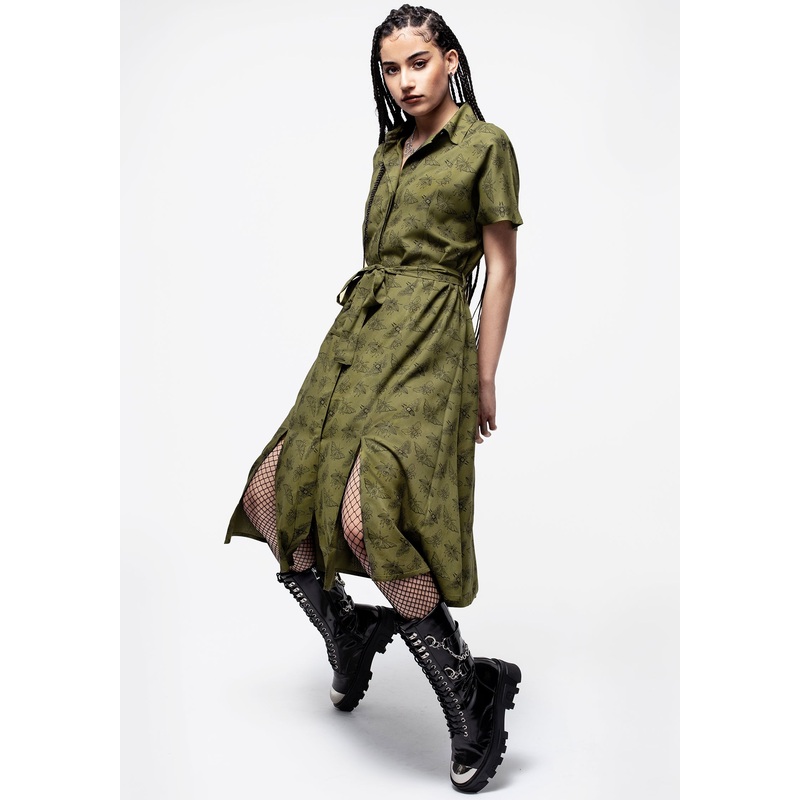 Mortmoth Print Midi Shirt Dress – Green
