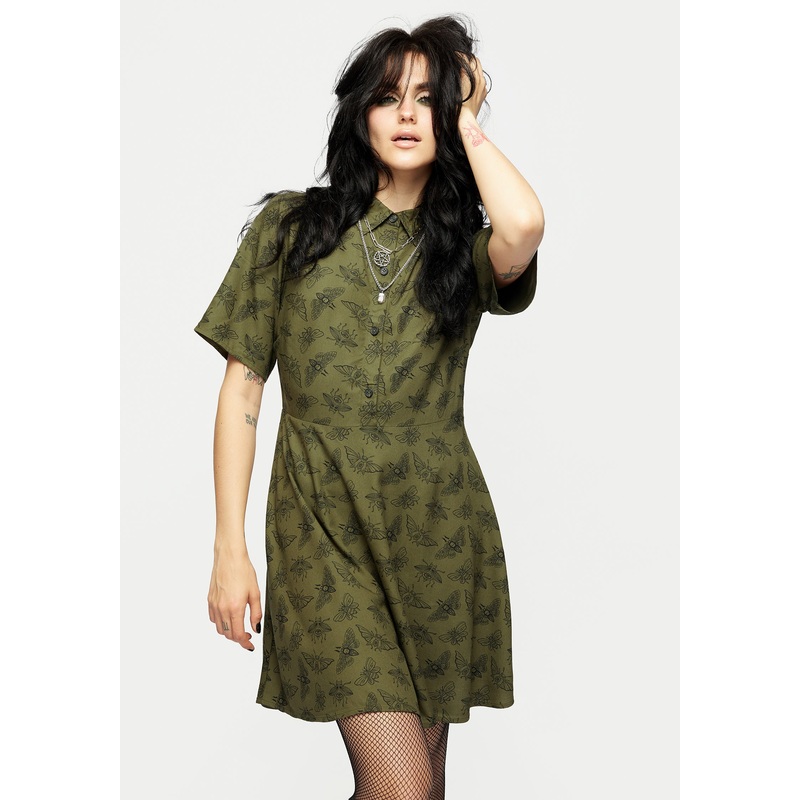 Mortmoth Print Mini Shirt Dress – Green