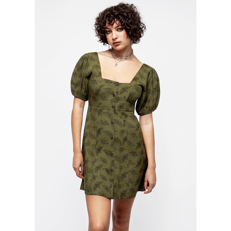 Mortmoth Print Puff Sleeve Mini Dress – Green