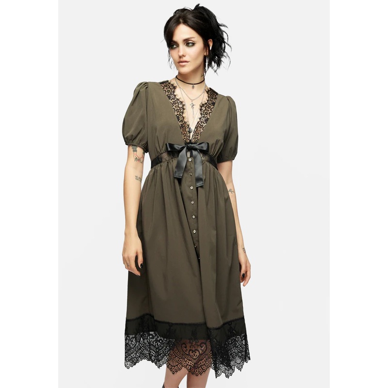 Mortuary Lace Button Up Midi Dress in Tea Leaf