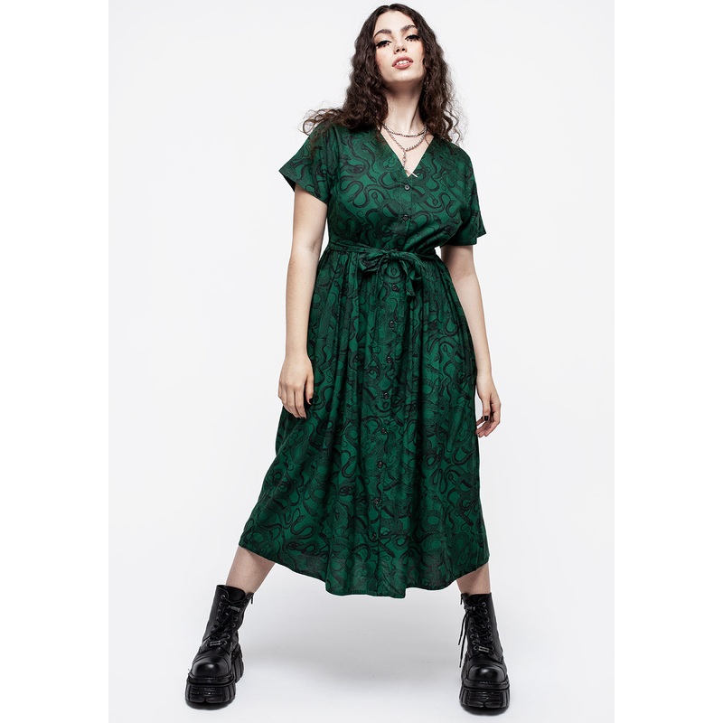 Ophidia Snake Print Button Up Midi Dress – Green