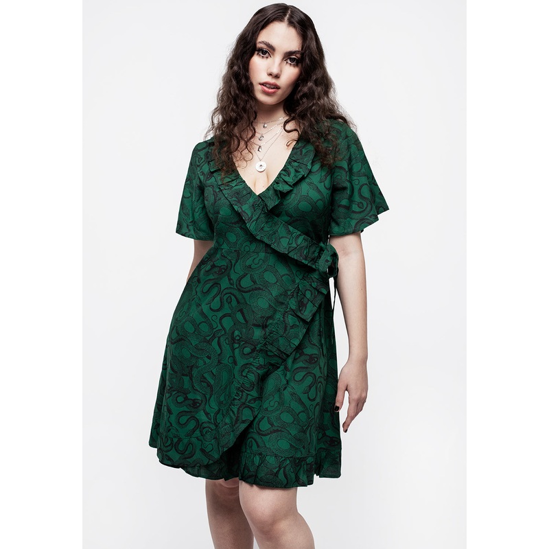 Ophidia Snake Print Ruffle Mini Dress – Green