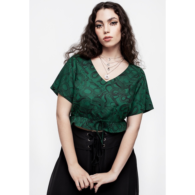 Ophidia Snake Print Tie Detail Crop Top – Green