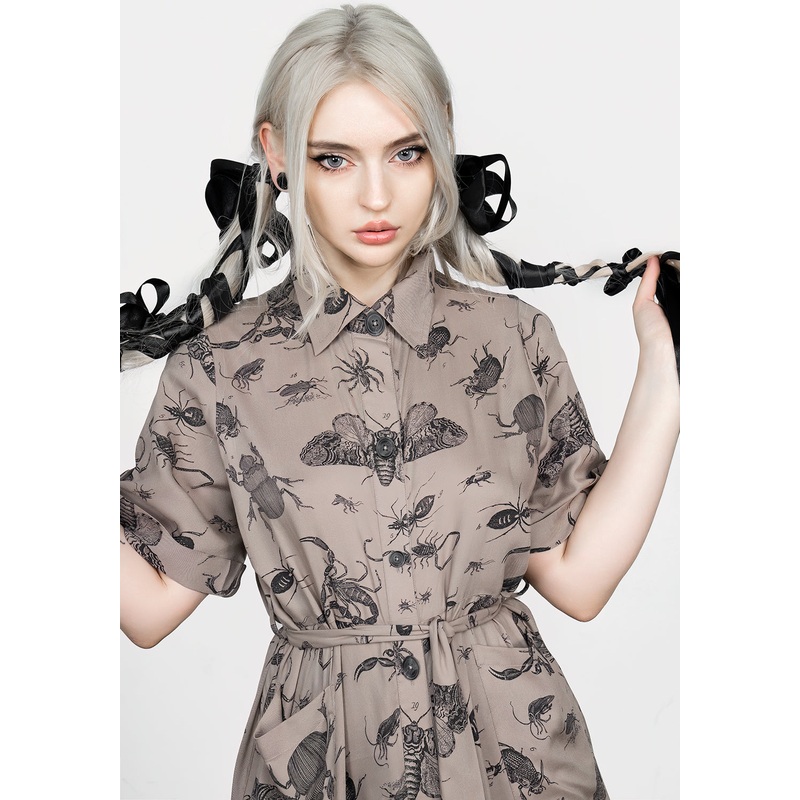 Parasite Bugs Print Midi Short Sleeve Shirt Dress – Taupe