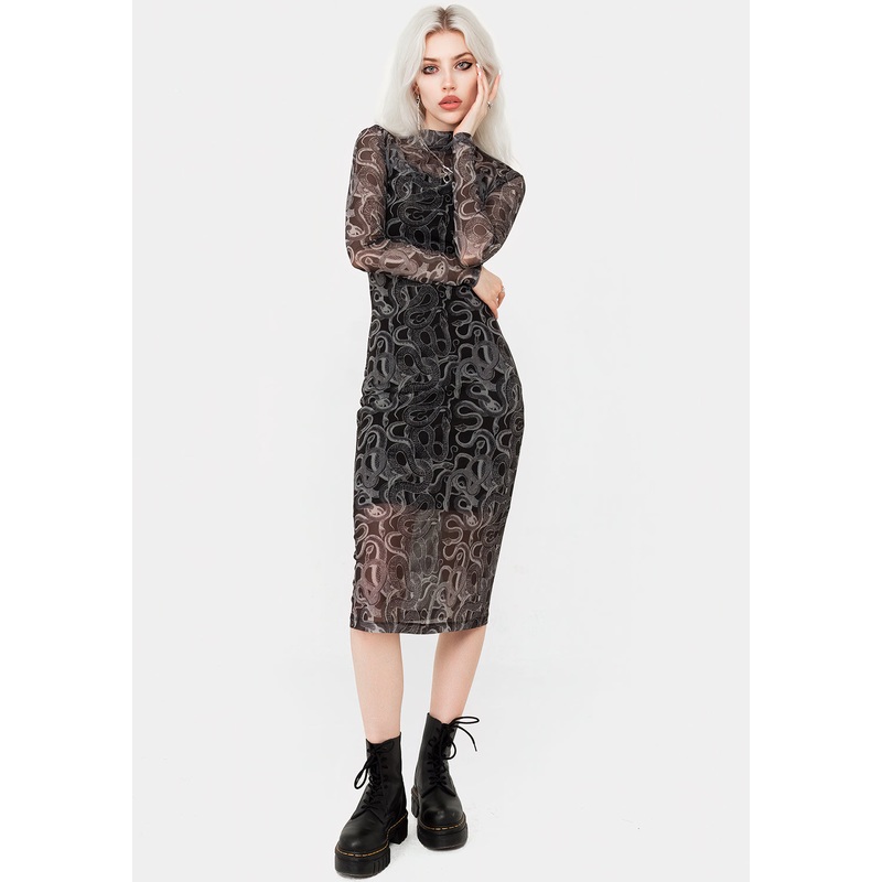 Serpente Print Mesh Bodycon Midi Dress
