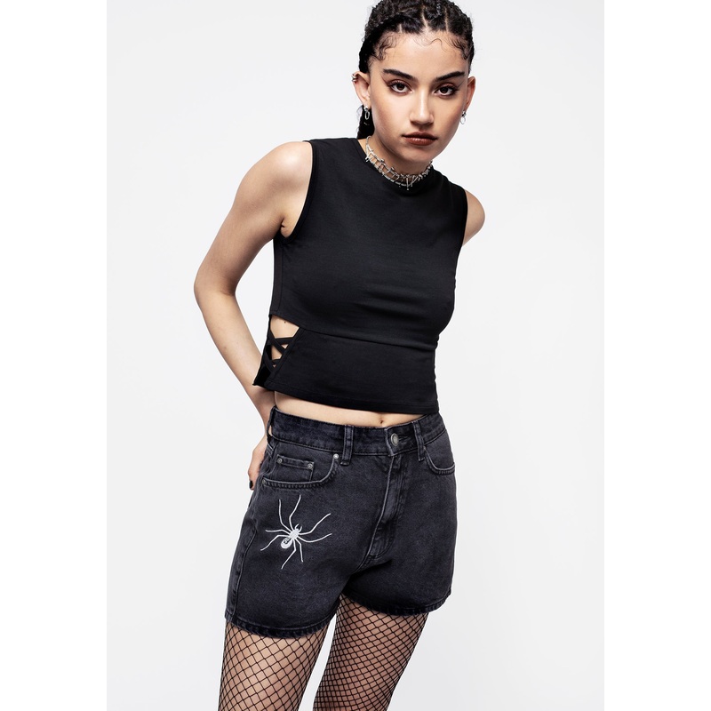 Widow Embroidered Denim Mom Short