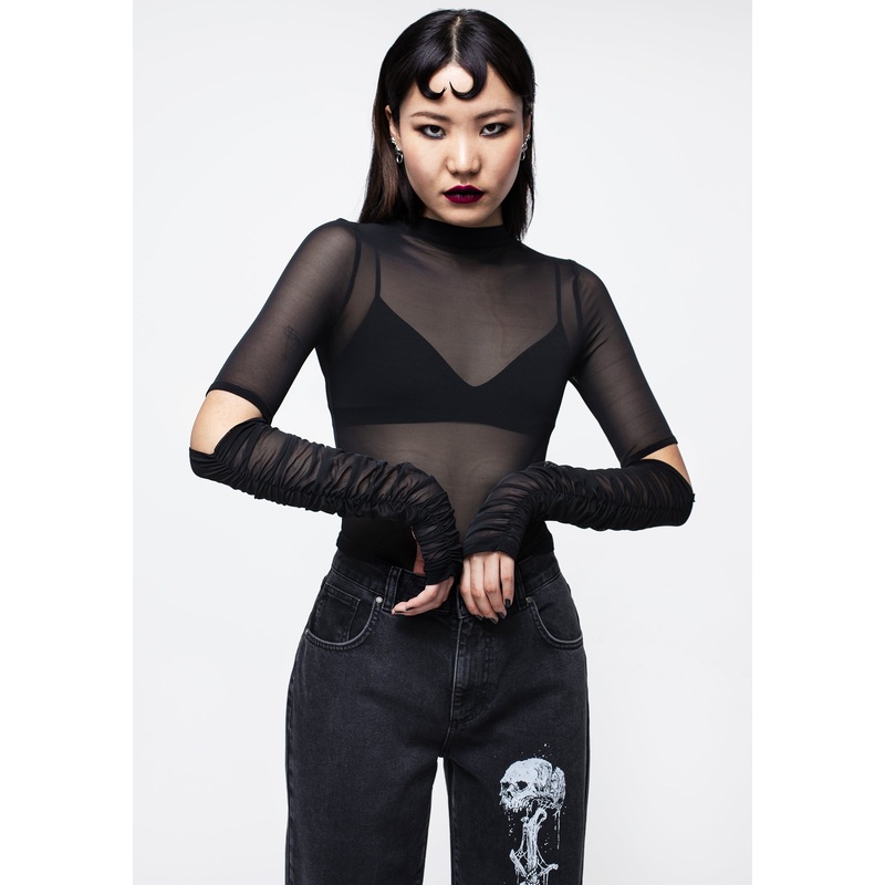 Jupiter Mesh Gathered Long Sleeve Crop Top