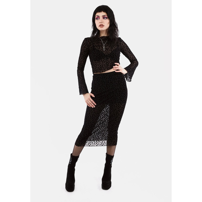 LOVESPELL FLOCKED MESH MIDI SKIRT