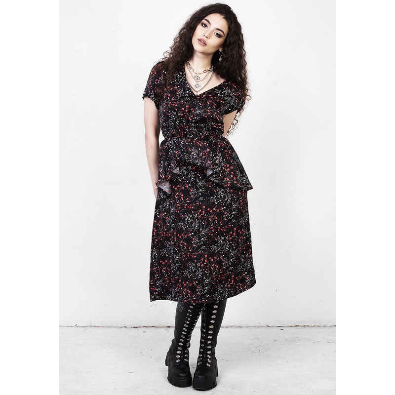 ROSETEARS FRILL PEPLUM MIDI DRESS