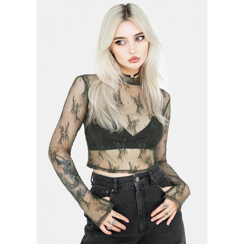 Eternal Lace Long Sleeve Crop Top – Green