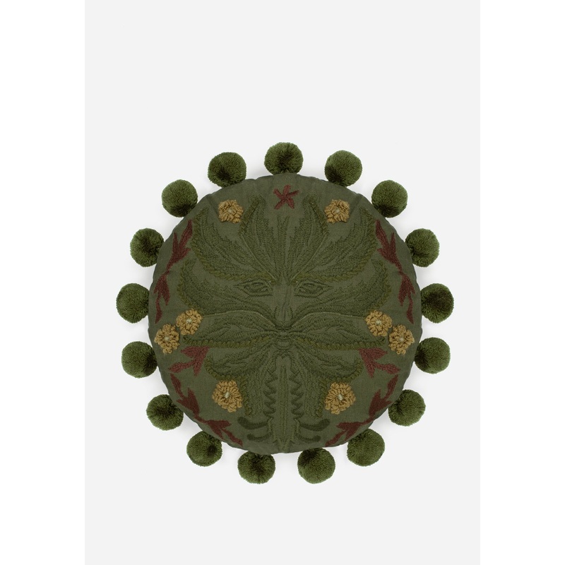 Foliate Embroidered Pom-Pom Round Cushion