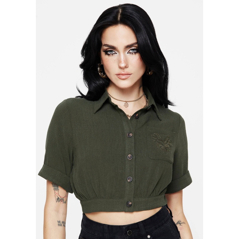 Foliate Linen-Blend Embroidered Short Sleeve Crop Shirt – Green
