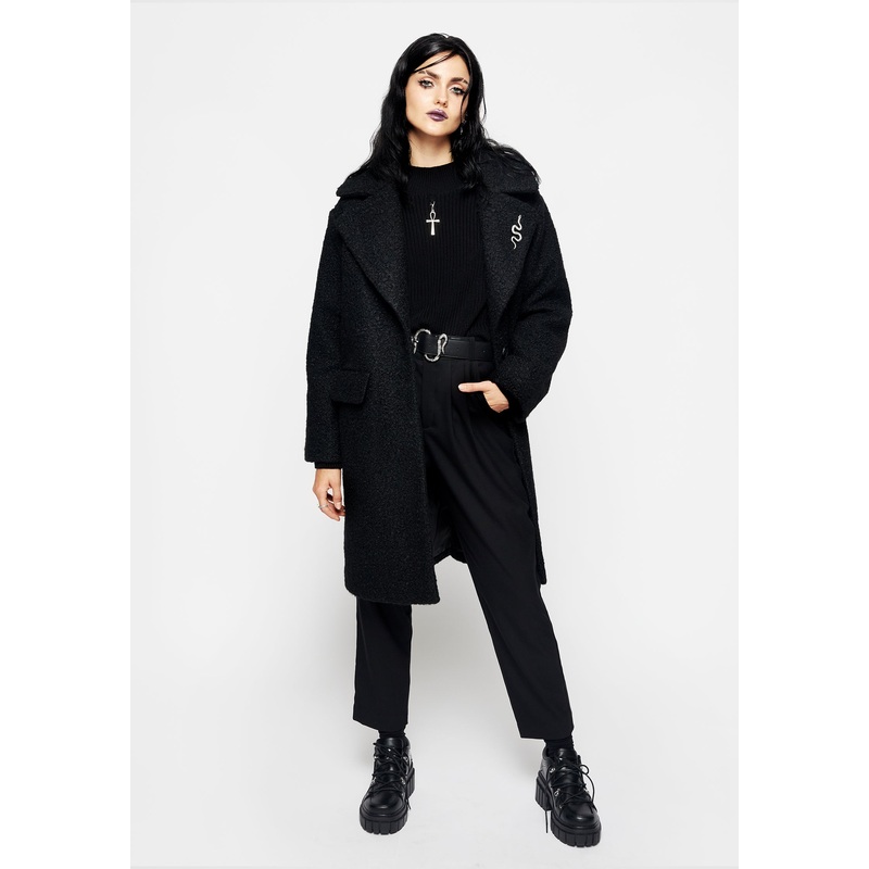 Gorgon Boucl Oversized Coat with Snake Brooch – Black