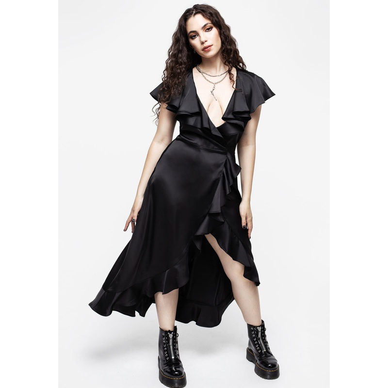 Linnette Satin Ruffle Wrap Midi Dress