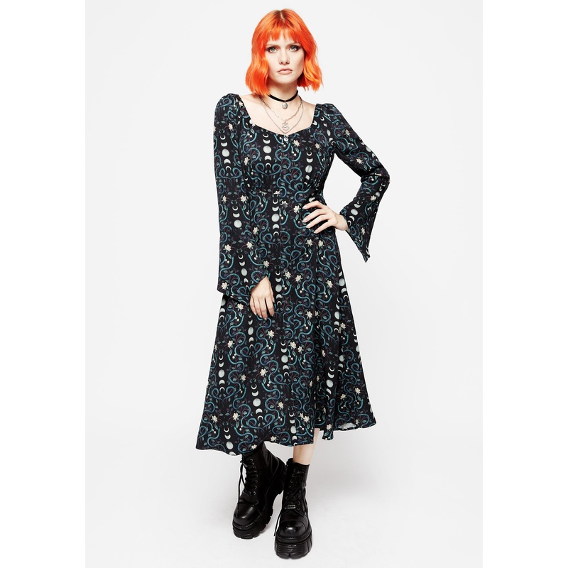 Pythia Print Flute Sleeve Midi Dress