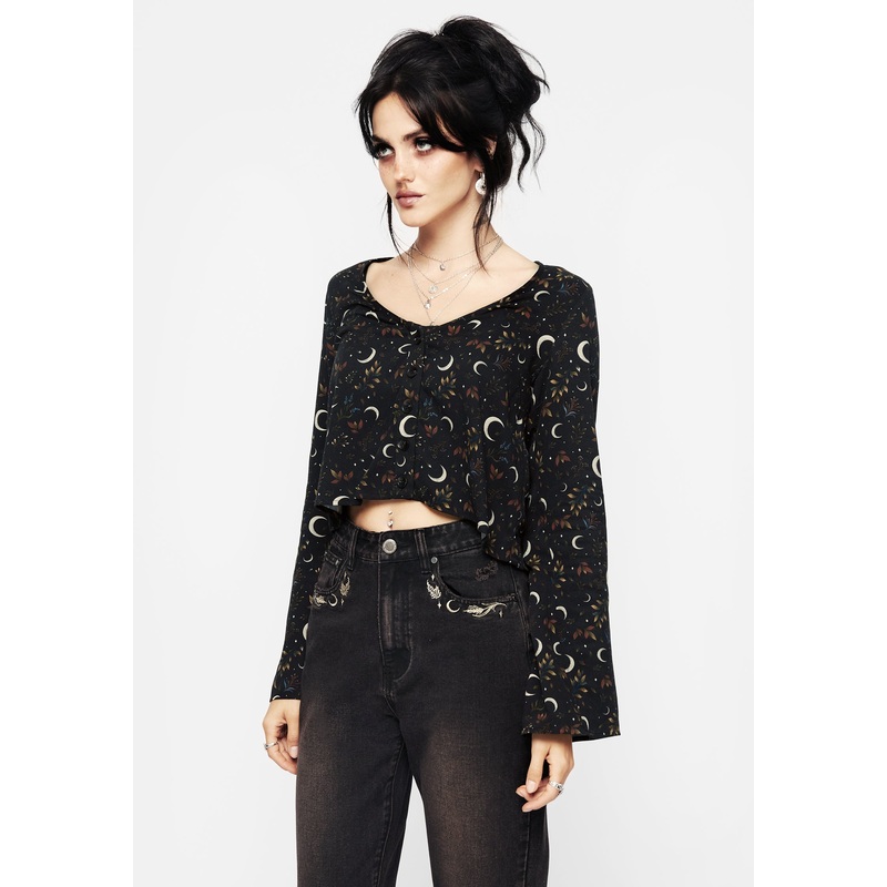 Sickle Moon Flute Sleeve Button Up Top