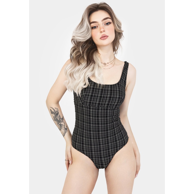 Slate Textured Check Square Neck Swimsuit