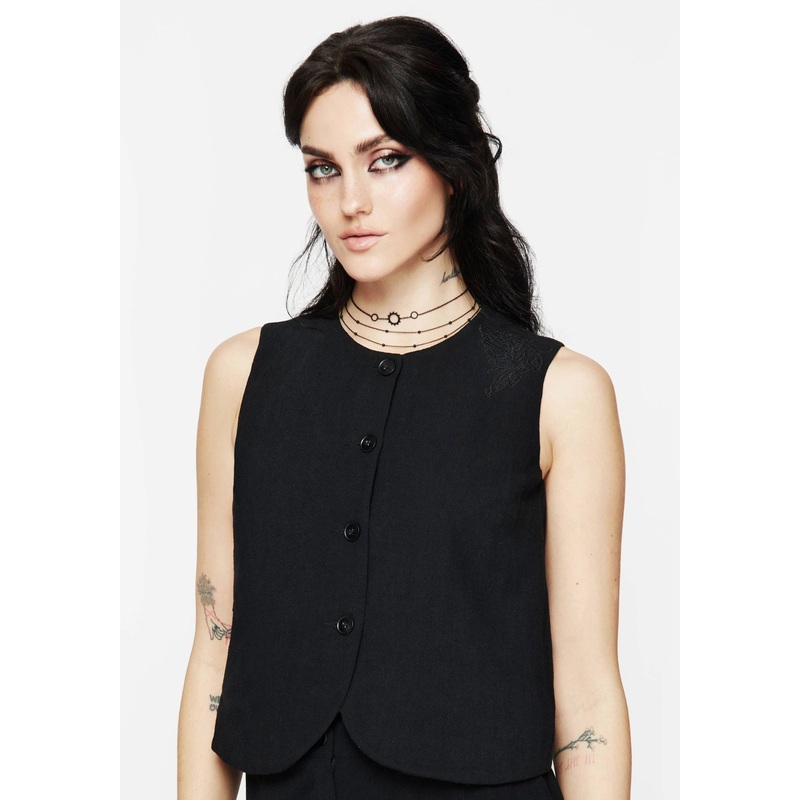 Aya Embroidered Linen Blend Button Front Waistcoat