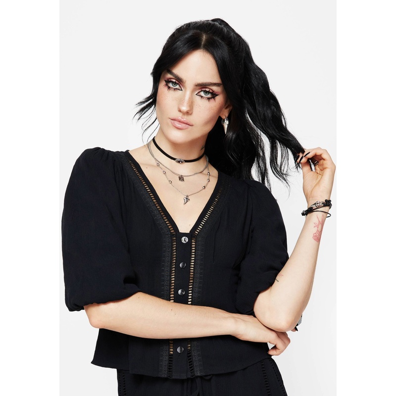 Blessing Lace Trim Tapered Waist Blouse Top