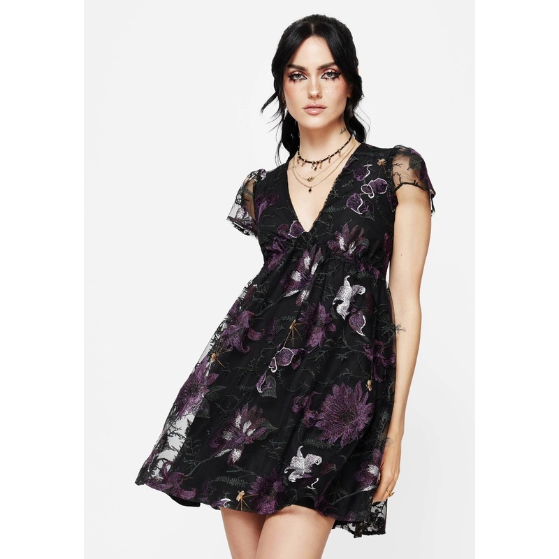 Estrid Embroidered Mesh Flute Sleeve Mini Dress
