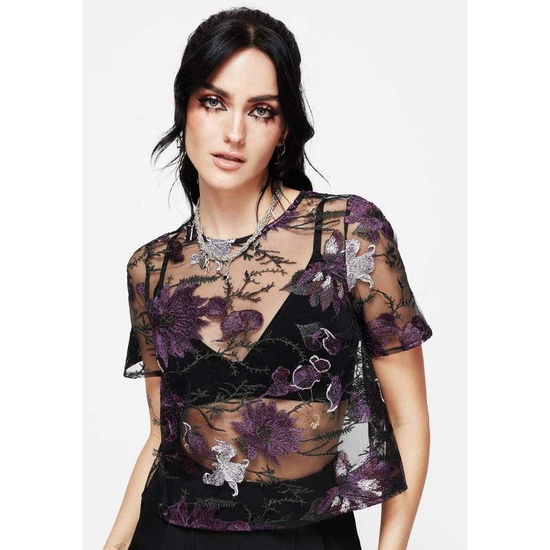 Estrid Embroidered Mesh Tie Back Blouse Top