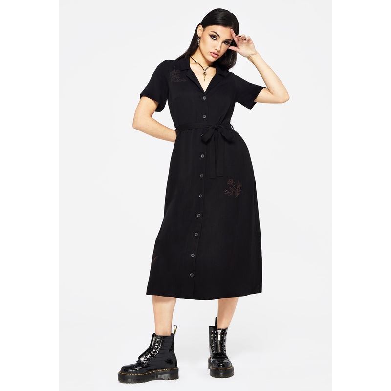Fairfolk Floral Embroidery Tie Waist Button Down Midi Shirt Dress