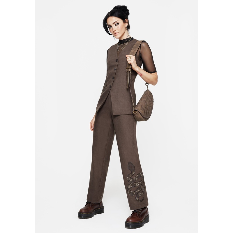 Gaia Linen Blend Snake Embroidered Wide Leg Trouser