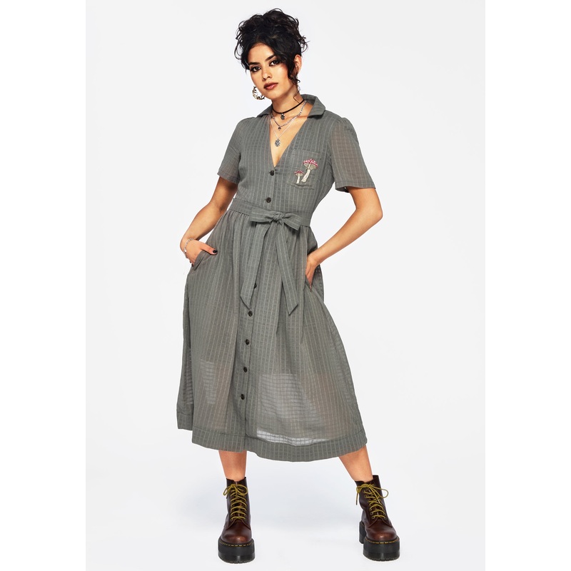 Koax Cotton Check Embroidered Button Up Midi Shirt Dress