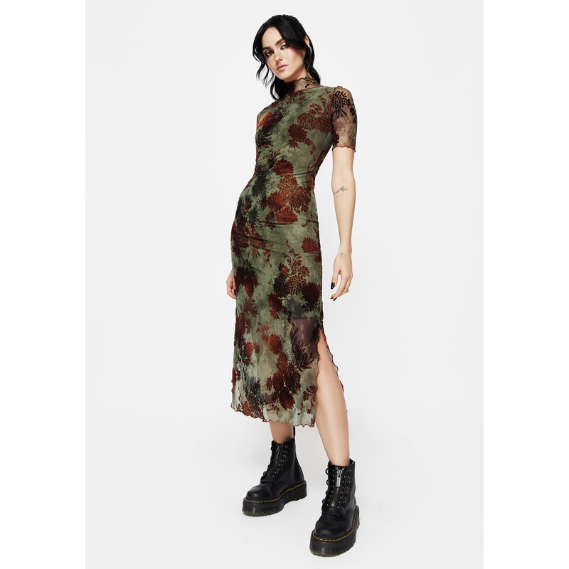 Rosaleigh Flock Velour Mesh Short Sleeved Midaxi Dress