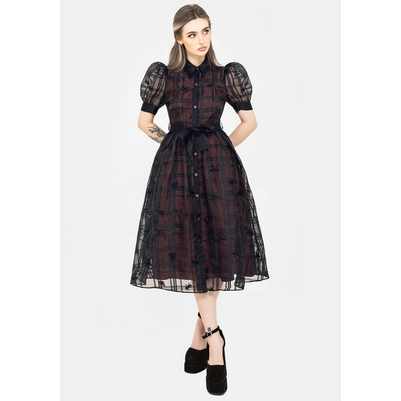 Sedona Organza Check Embroidered Puff Sleeve Midi Shirt Dress