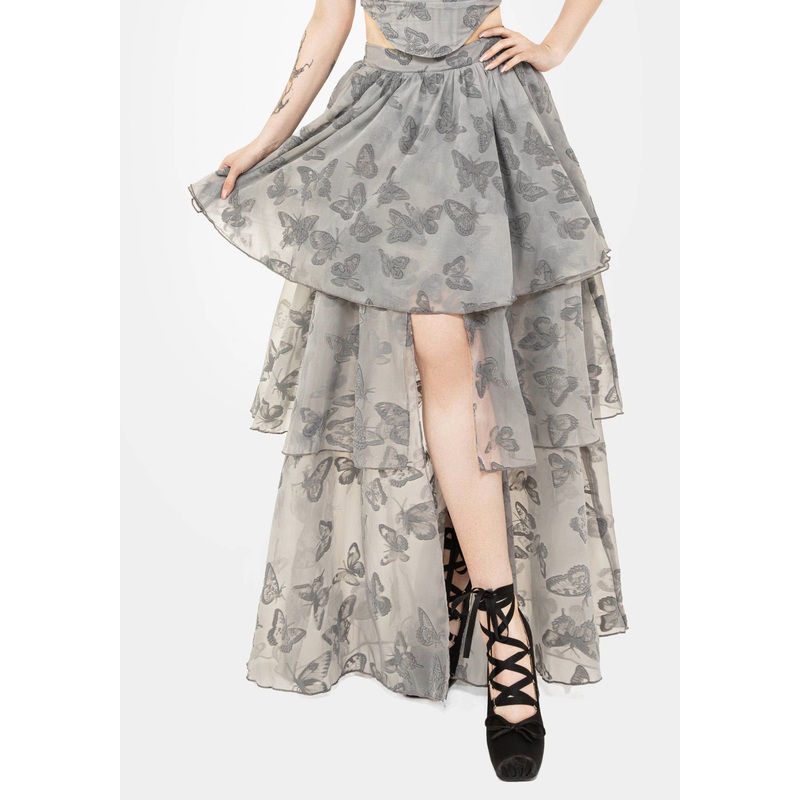 Vanessa Butterfly Print Organza Front Split Tiered Maxi Skirt