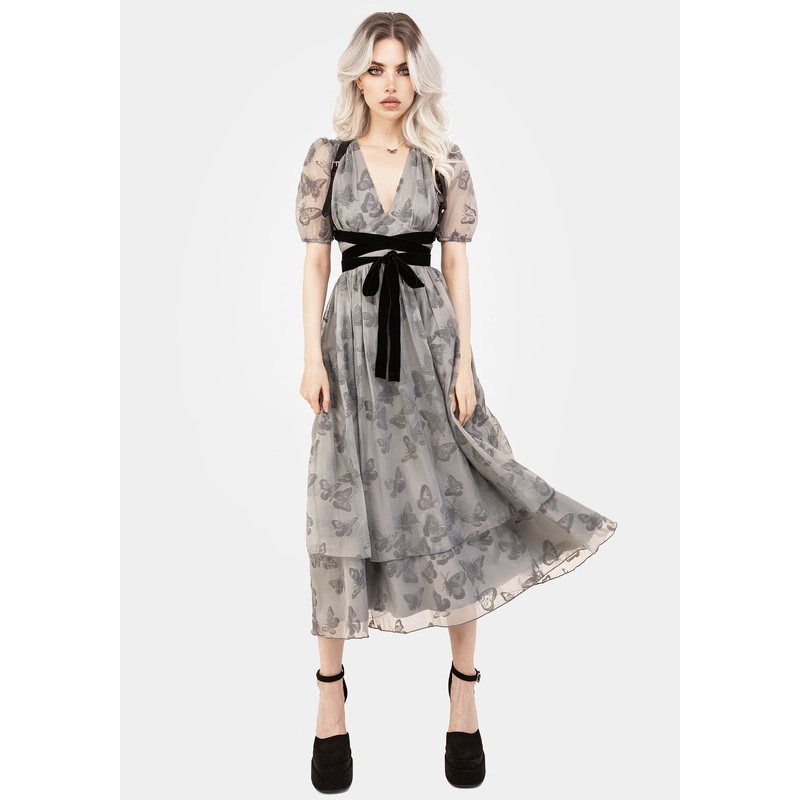 Vanessa Butterfly Print Organza Puff Sleeve Midaxi Dress