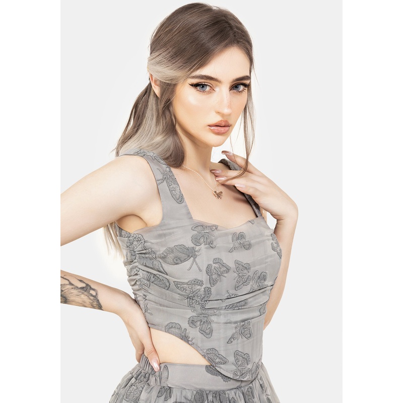 Vanessa Butterfly Print Organza Ruched Bodice Corset Top