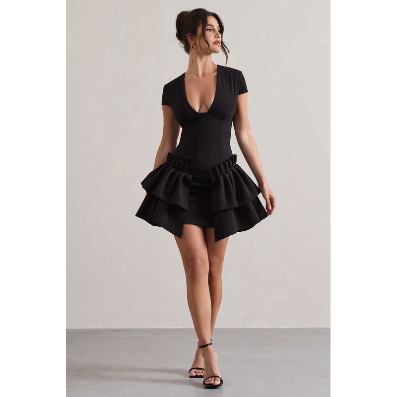 Genevieve | Black Plunge-Neck Mini Dress With Layered Hem