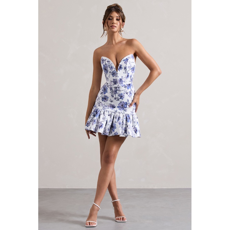 Koko | Floral Print Sweetheart Mini Dress With Ruffle Hem
