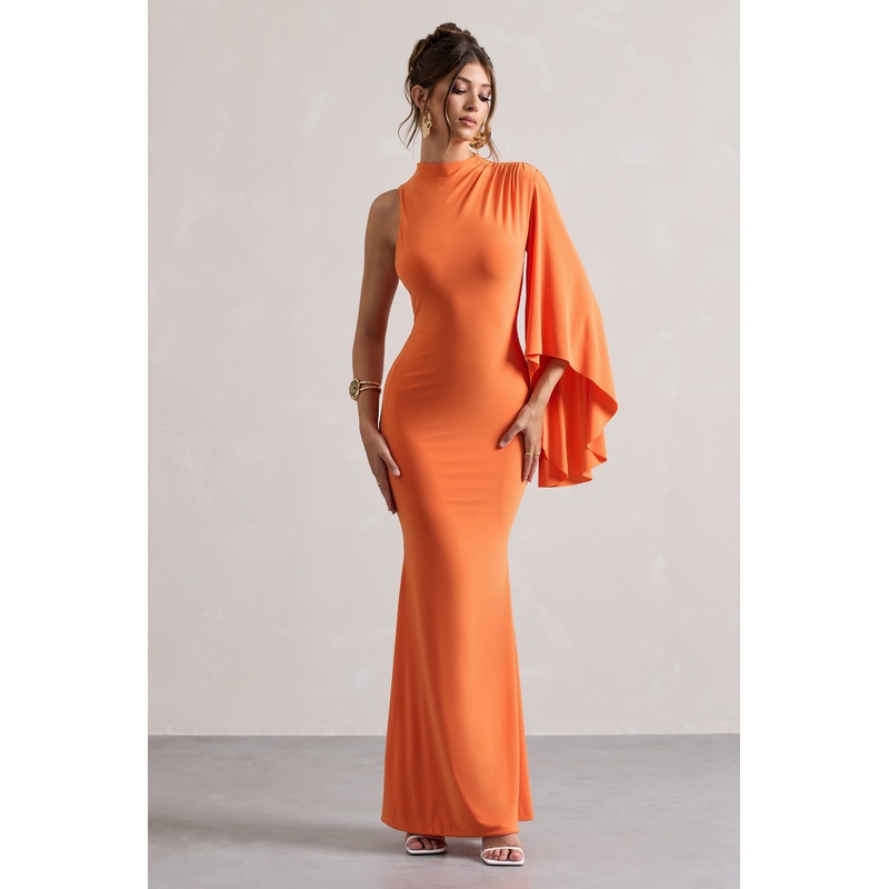 Samaya | Orange High-Neck Cape-Sleeve Maxi Dress