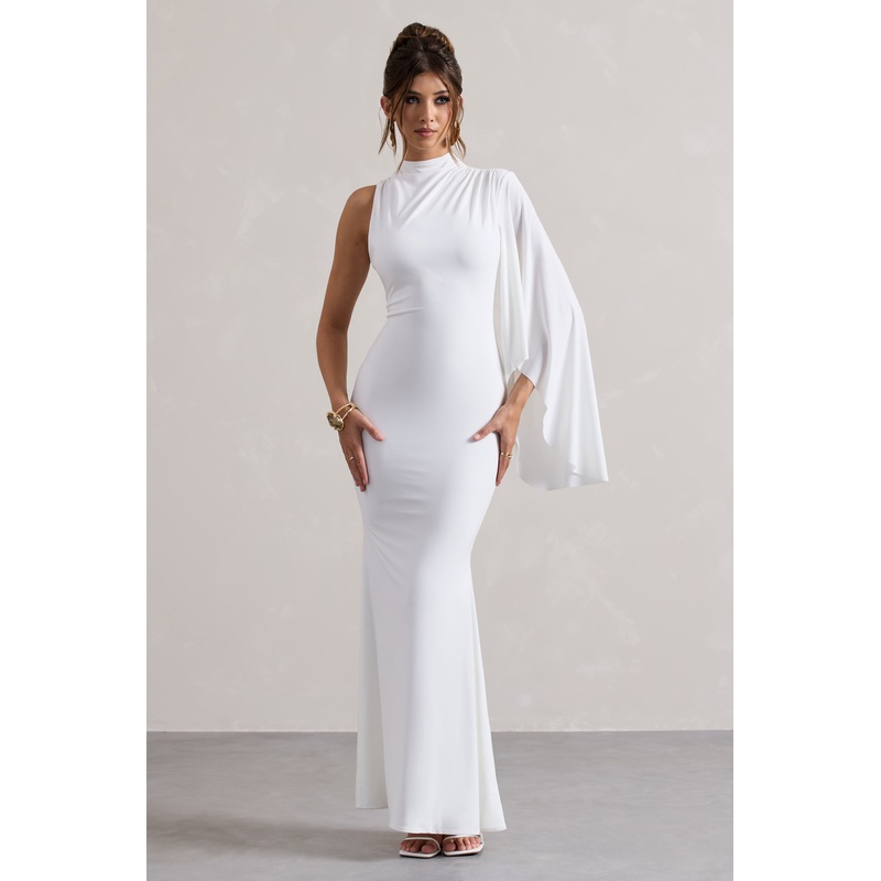 Samaya | White High-Neck Cape-Sleeve Maxi Dress