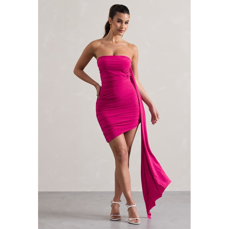 Siena | Hot Pink Ruched Asymmetric Mini Dress With Sash